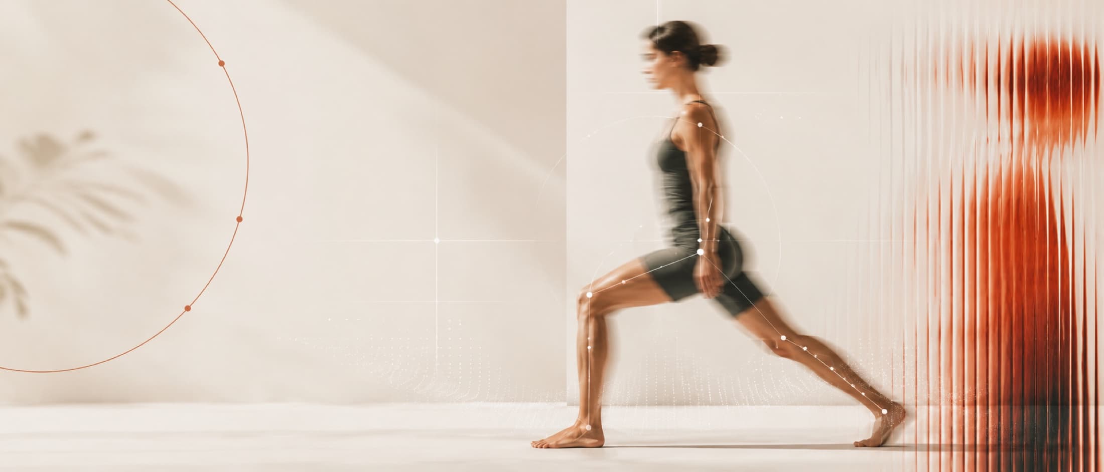 Sportlerin in Bewegung mit abstrahierten Messdaten in den Farben von Sustainable Med