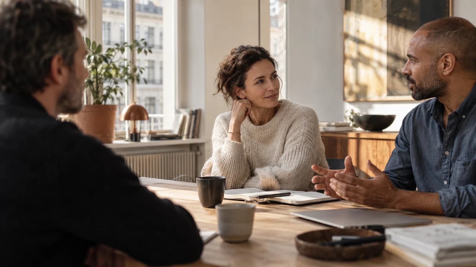 Colleagues in conversation in a sunlit Berlin office