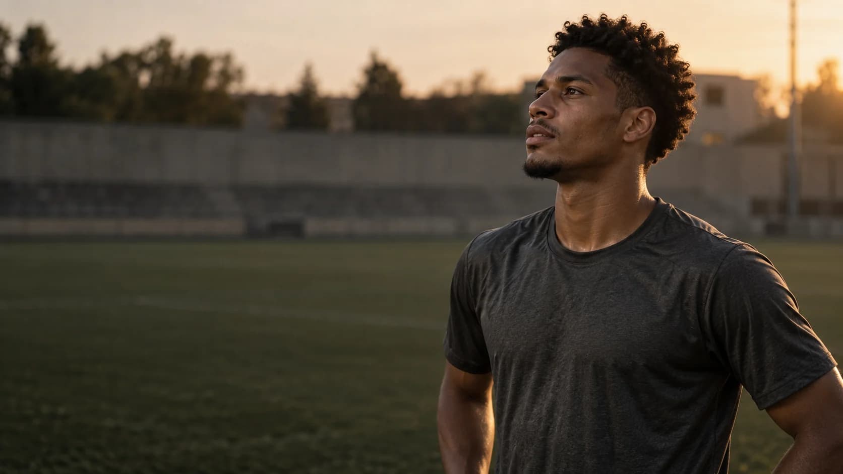 Athlete after training on a sports field in evening light